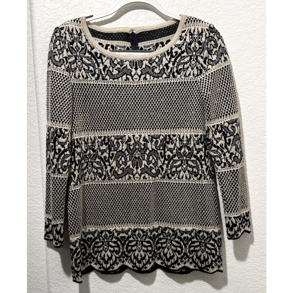 ST JOHN EVENING Black Silver Embellished Knit Sweater Top Tunic Sz 4 Metallic
